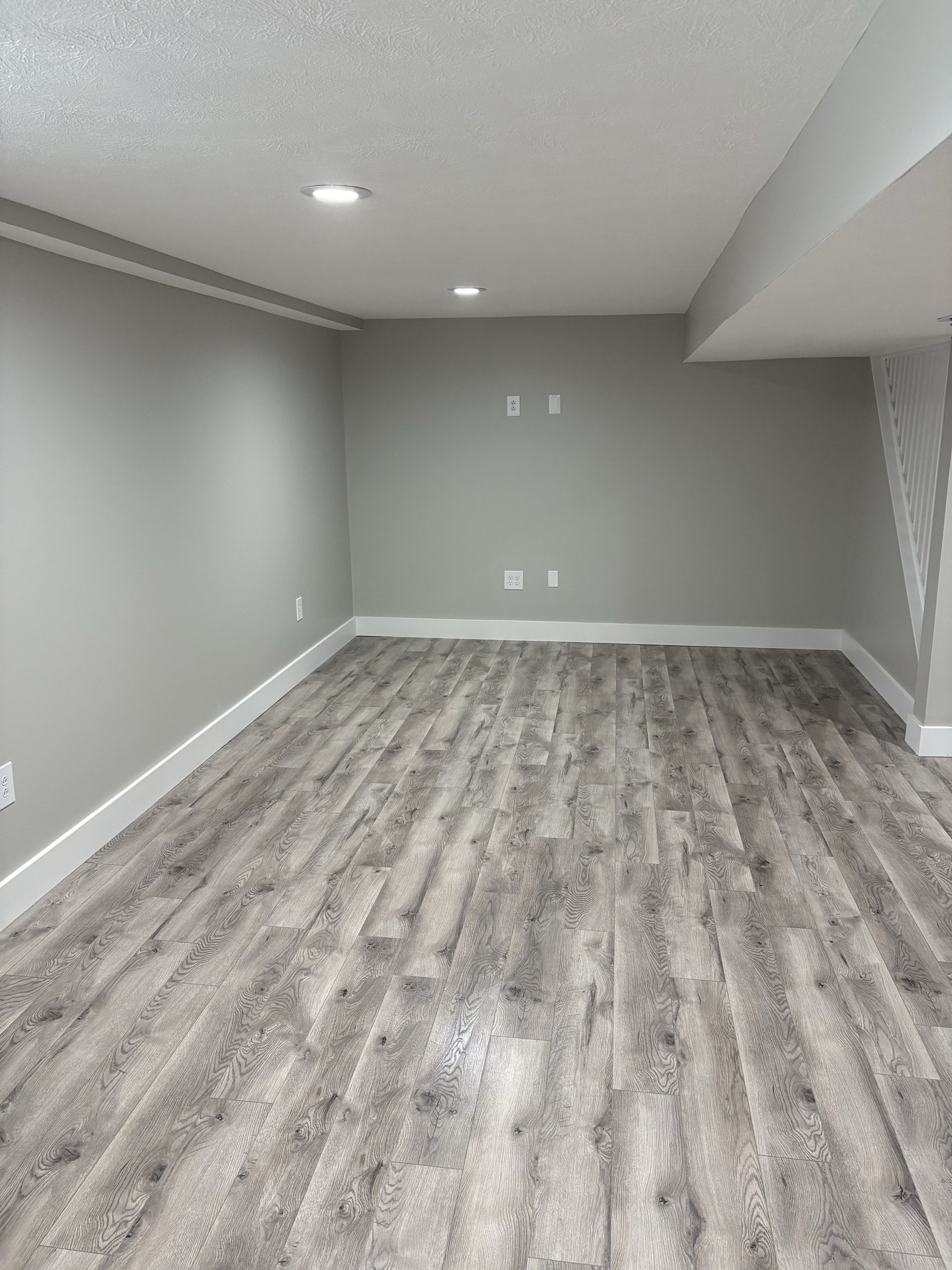 Finished basement with LVP flooring and recessed lighting