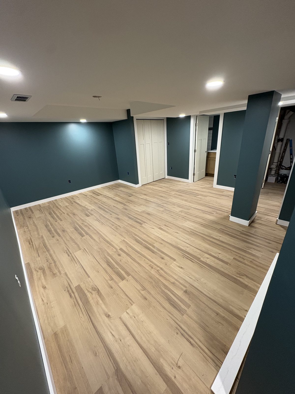 Finished basement with dark teal walls and light wood-look flooring